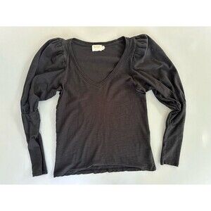Nation LTD Emilia Women's Black T-Shirt Ruffle V-Neck Puff Sleeve Tee - Small